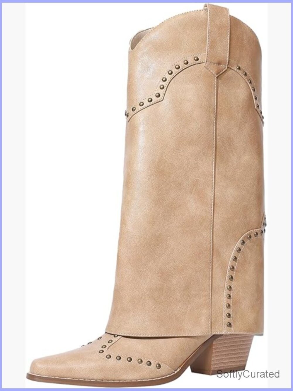 Knee High Cowboy Studded Chunky Heel Western Boots Fold Over Snip Toe